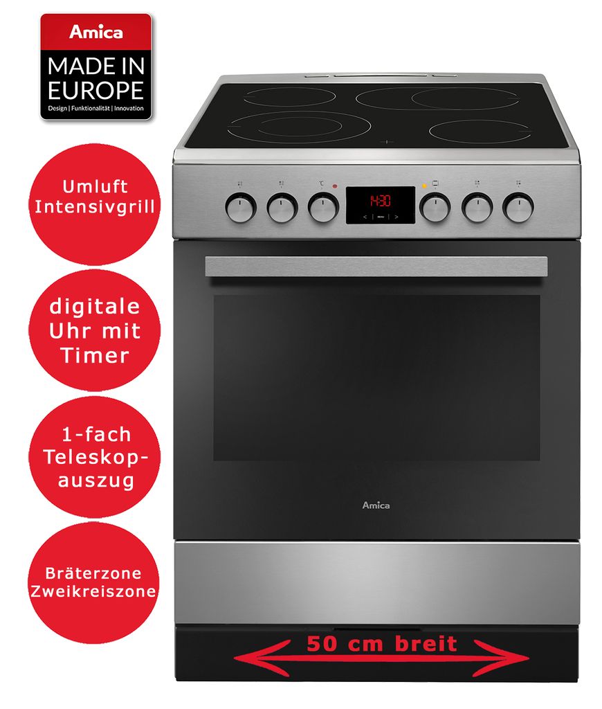 A freestanding electric stove with a ceramic hob and oven, featuring various feature callouts on the left side.