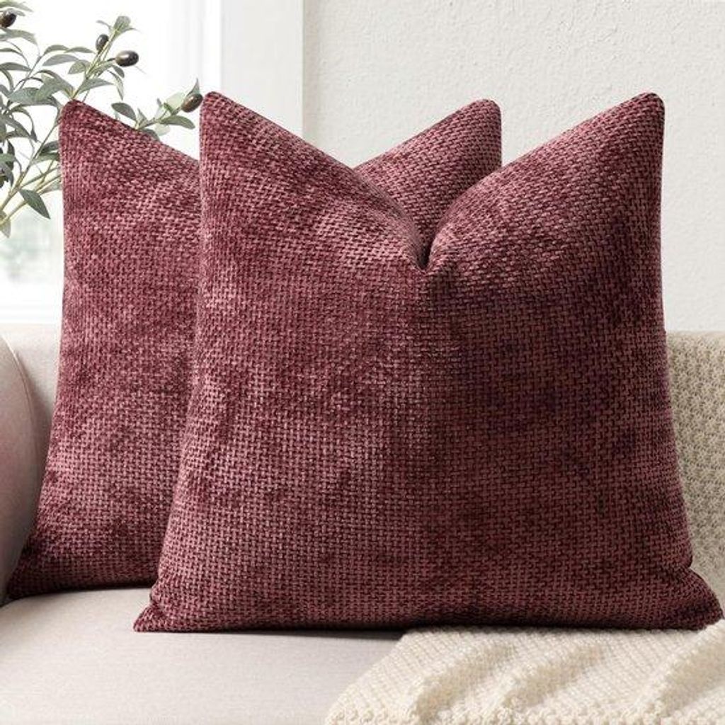 Unyqoos Set aus 2 Chenille-Kissenhüllen in Weinrot für Sofa und Bett, 40x40 cm