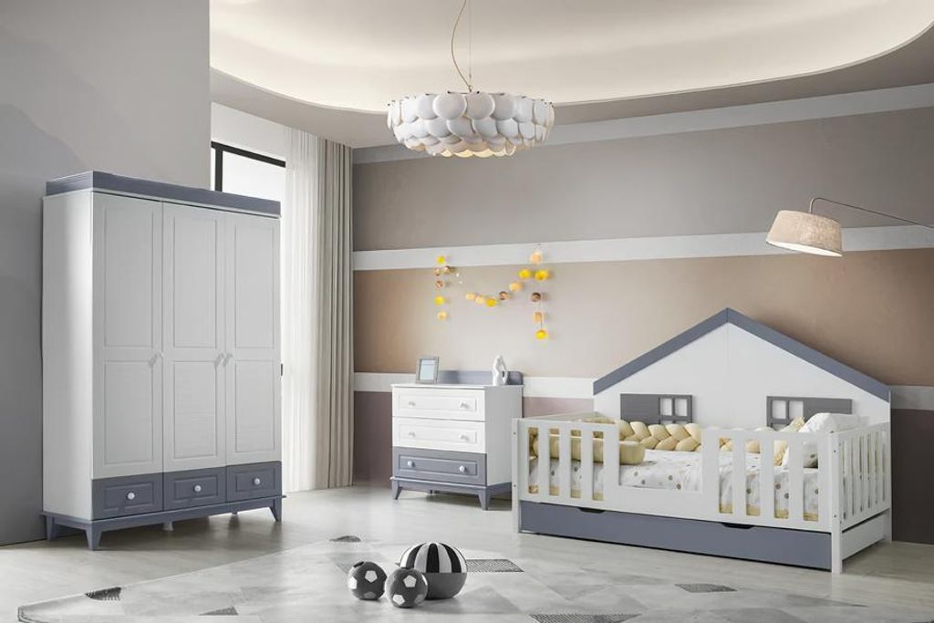 Modernes 3tlg Kinderzimmer Set Hausbett Kleiderschrank & Kommode