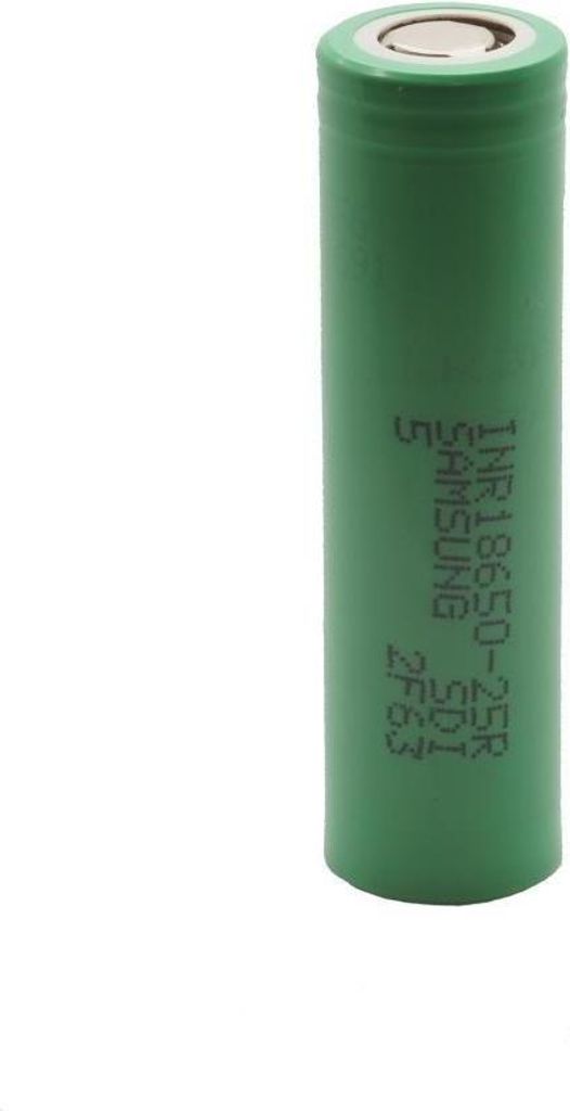 A single green battery with text printed on it, isolated on a white background.