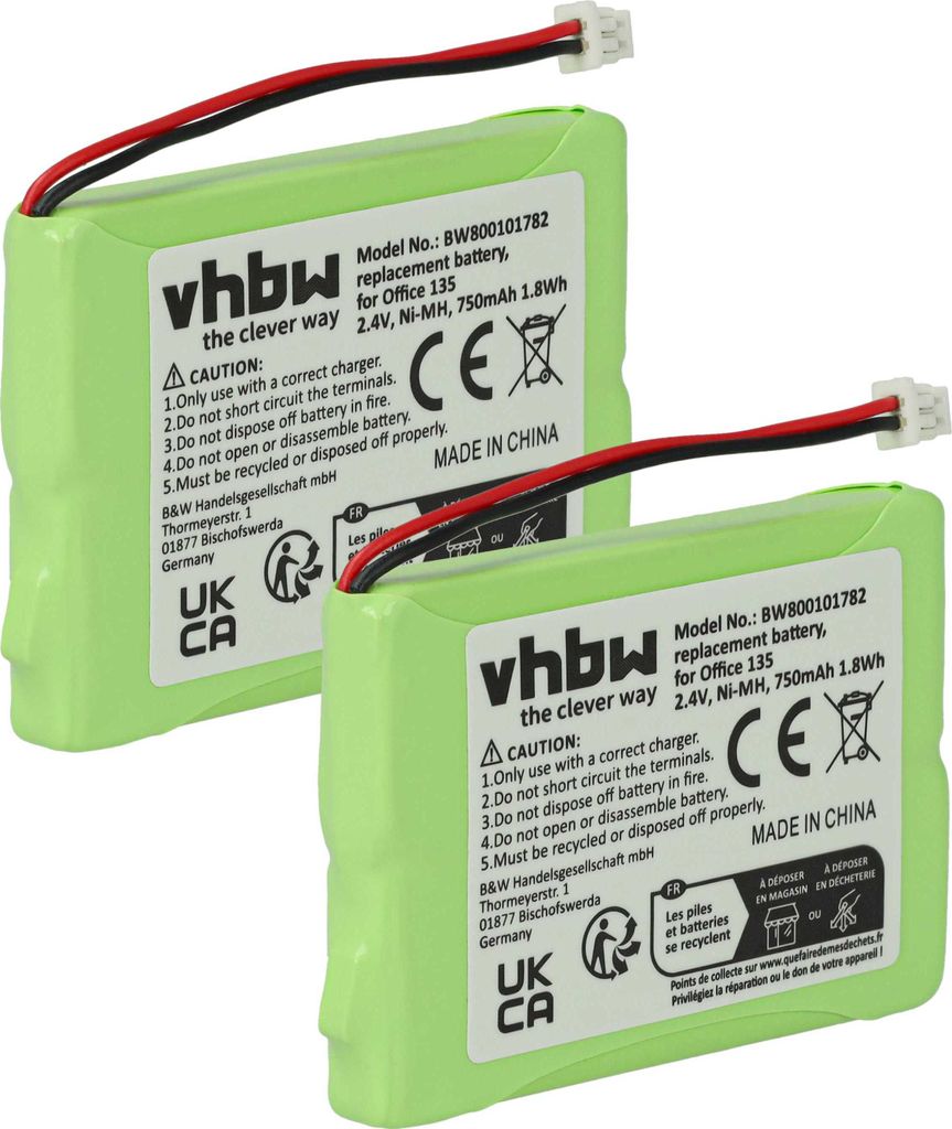 vhbw 2x Akku kompatibel mit Ascom Ascotel Office 135pro, Office 135 schnurlos Festnetz Telefon (750 mAh, 2,4 V, NiMH)