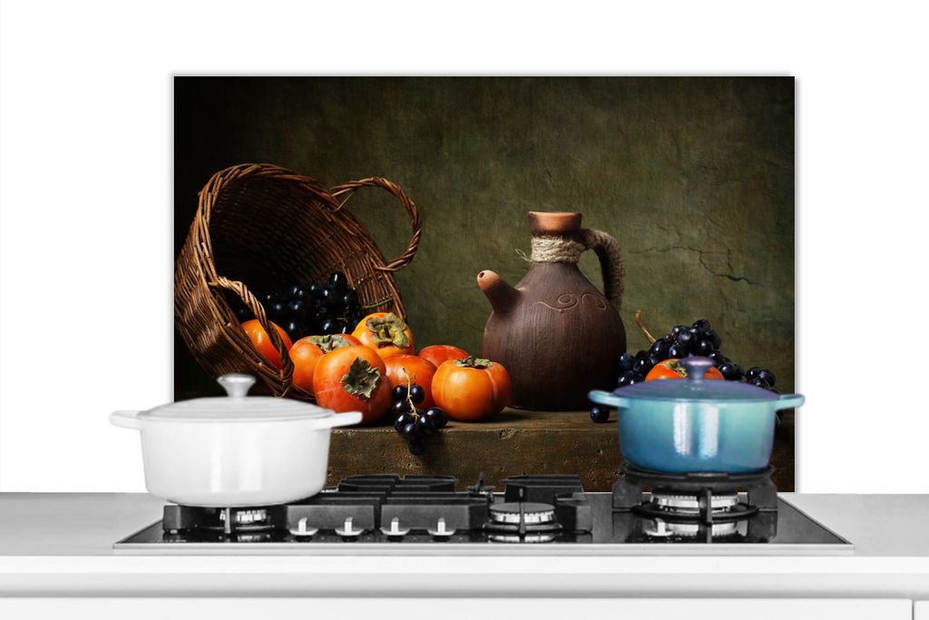 KitchenYeah Spritzschutz Küche - Küchenrückwand - Wandschutz für Herd und Spüle - Rustikal - Obst - Korb - Stilleben 90x60 - Alu-Dibond (Al...