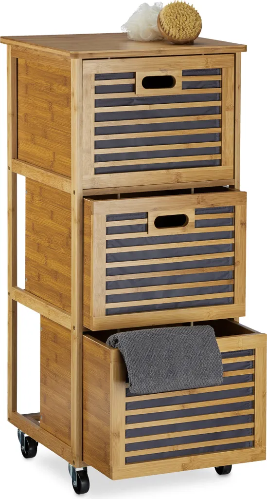 Petit meuble de rangement en bambou 3 tiroirs, Chariot mobile compact Relaxdays