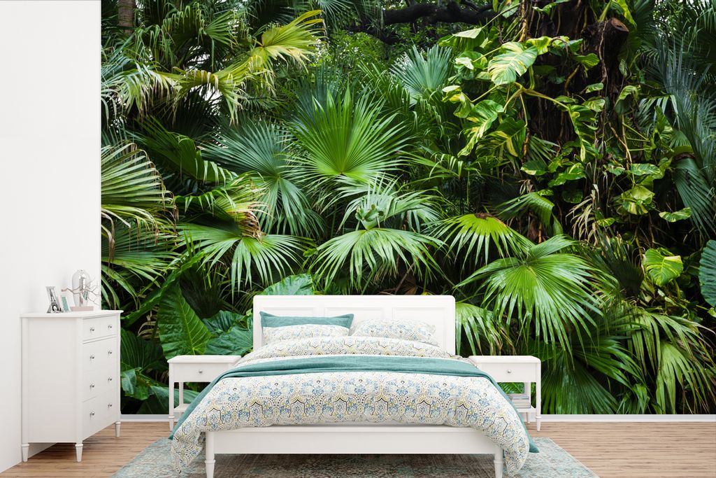 MuchoWow Fototapete für Wohnzimmer oder Schlafzimmer Wandtapete Vinyl Motivtapete Palmwedel - Sonne - Tropisch - 450x300 cm - Kindertapete - Gem...