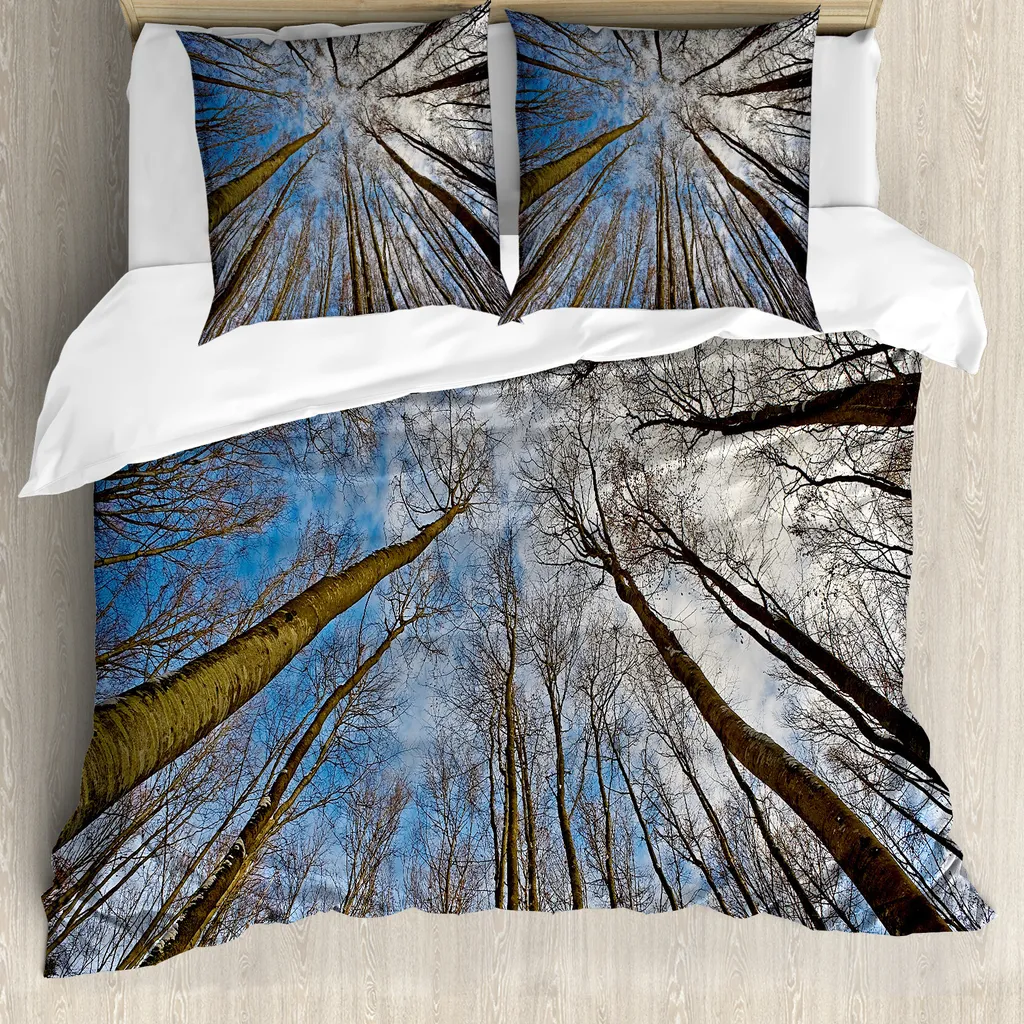 ABAKUHAUS Copripiumino naturale, scena mattutina con nuvole, antiacaro, adatto a chi soffre di allergie, con federe, 200 cm x 200 cm - 80 x 80 cm, blu, marrone,