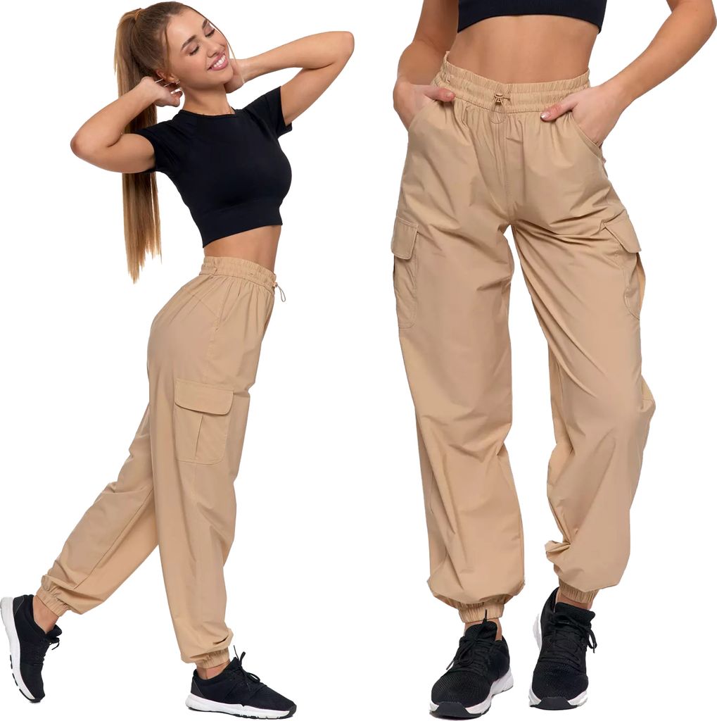 Moraj Damen Cargohose Baggy Hose Parachute-Hose Hoch-Bund Freizeithose mit Gummizug Vintage Streetwear 5400-001, Beige, S