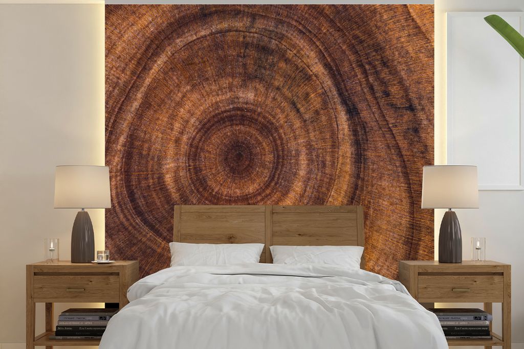 MuchoWow Fototapete für Wohnzimmer oder Schlafzimmer Wandtapete Vinyl Motivtapete Kreis - Holz - Ringe - 260x260 cm - Papiertapeten