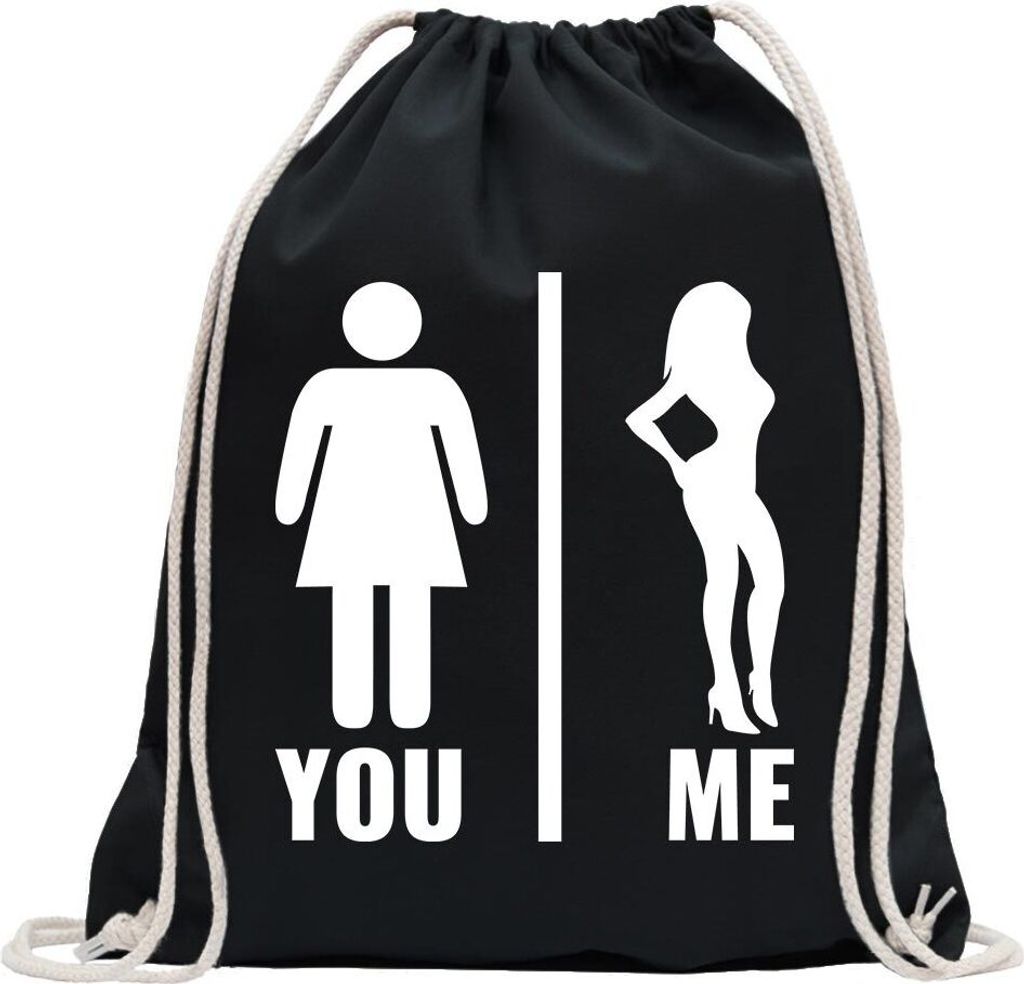Kiwistar - Turnbeutel - schwarz - You vs. Me - Frauenvergleich - Fun Rucksack Sport Beutel Gymsack Baumwolle mit Ziehgurt