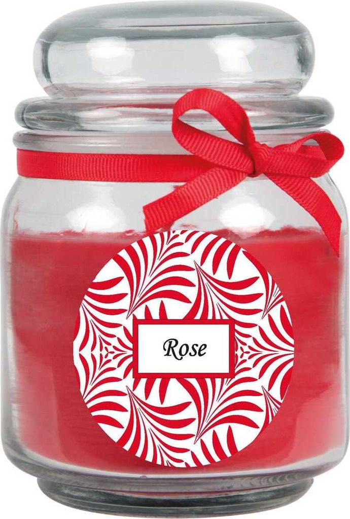 Duftkerze mit Schriftzug "Rose" im Bonbon Glas, 300g Wachs - Brenndauer ca.: 70 Stunden, Kerze im Glas in Geschenkverpackung