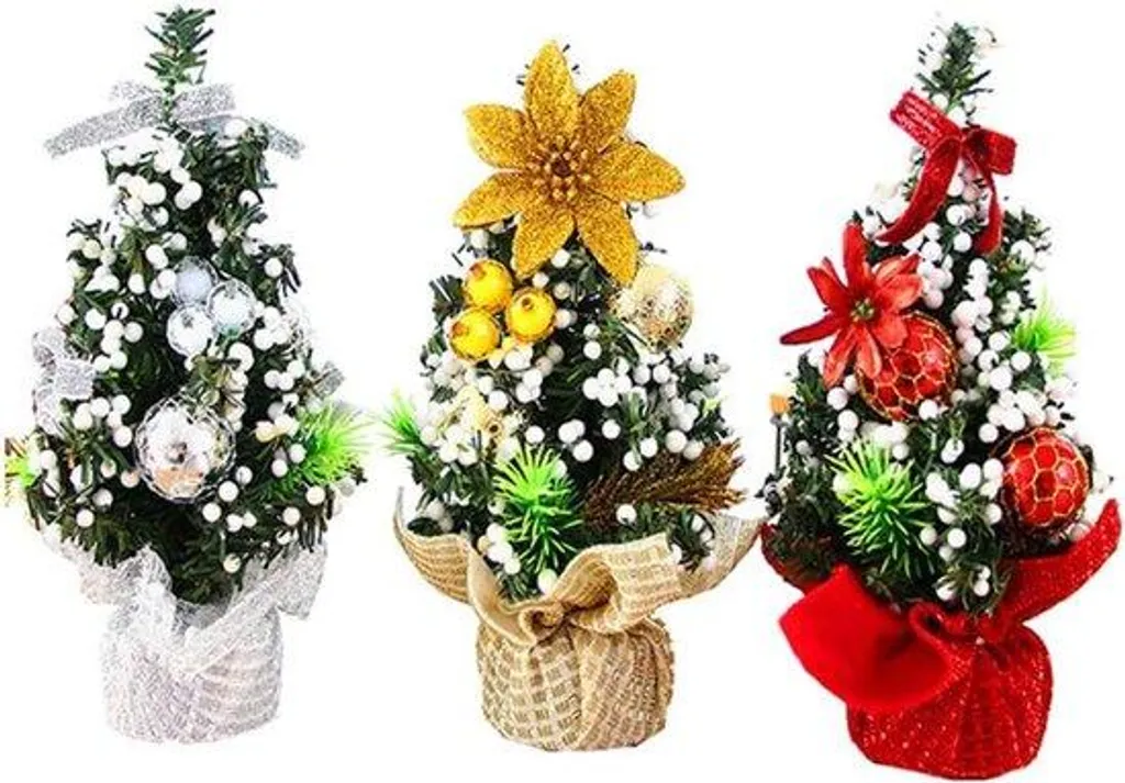 Petits Sapins Artificiels de Noël Multicolores et Socles en Bois - 3 pcs