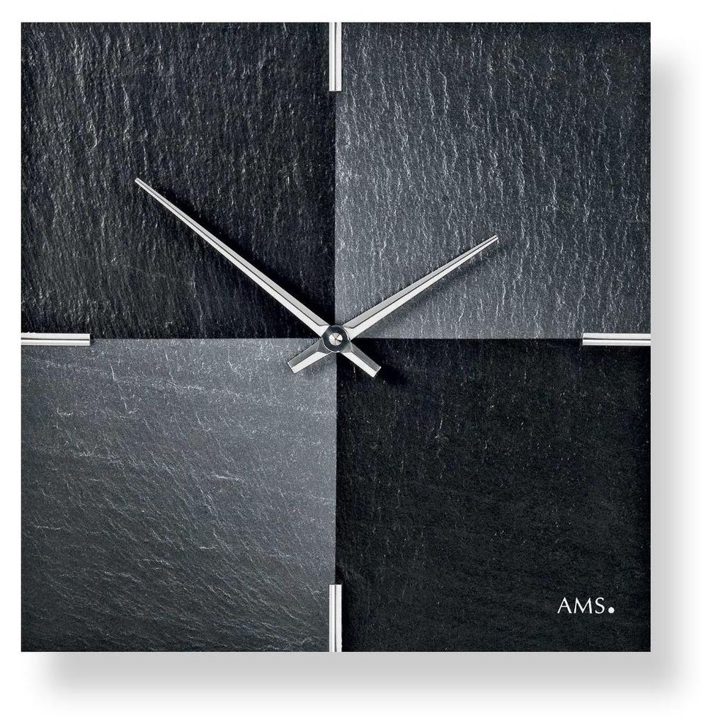 AMS 9520 Wanduhr Quarz Schiefer Naturschiefer mit Aluminium Schieferuhr Schach