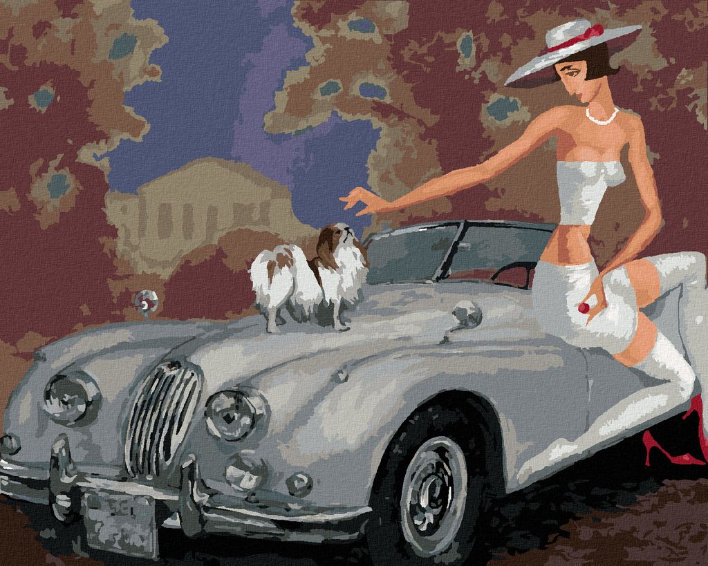 Zuty - Malen nach Zahlen - DAME MIT HUND AUF EINEM CABRIO, 40x50 cm, ohne Keilrahmen