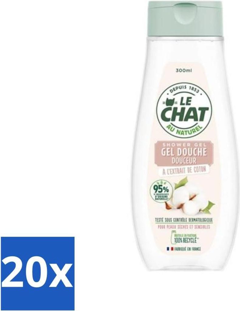 Le Chat – Sanftes Duschgel – Für trockene und empfindliche Haut – Mit Baumwollextrakt – 300 ml - Vorteilspack - 20 Stücke