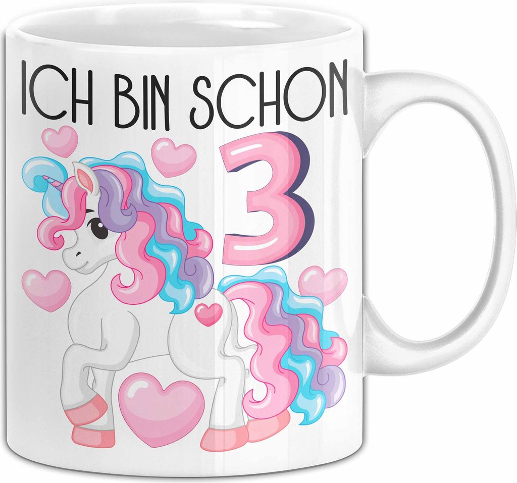 3. Geburtstag Geschenk Tasse Becher Mädchen Tochter Geburtstagsgeschenk Einhorn Ich Bin Schon 3 (Weiß)