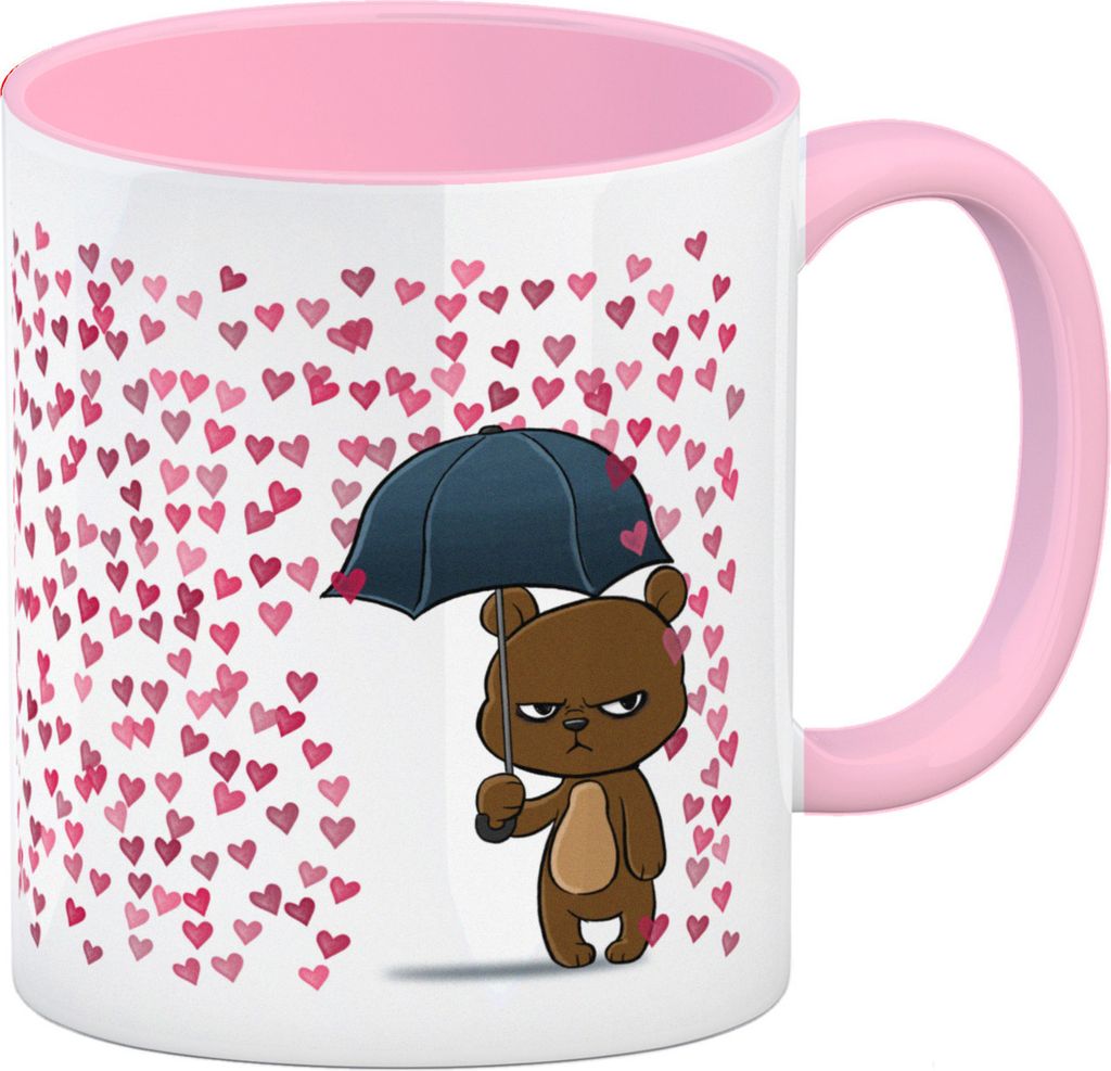 Grummeliges Bärchen im Herz-Regen Kaffeebecher Rosa