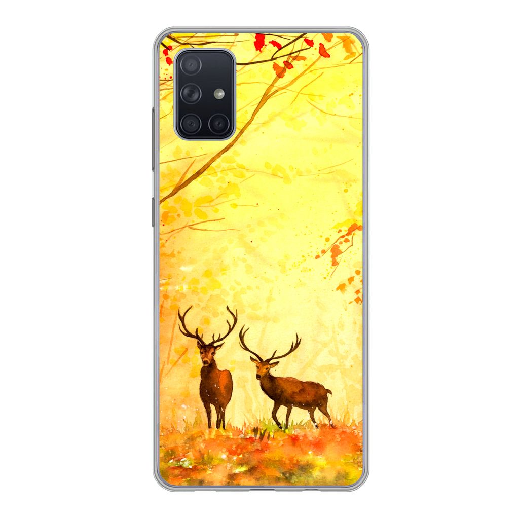 MuchoWow Handyhülle Schutzhülle Hülle für Samsung Galaxy A71 Natur - Ölfarbe - Hirsche - Tiere - Herbst - Orange Silikon Softcase Handy Hül...
