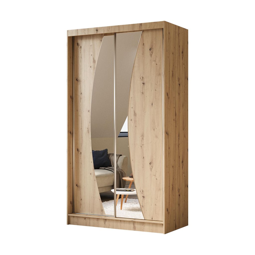Schwebetürenschrank VOX 120 cm – Kleiderschrank mit 2 Schubkasteneinsätze, Spiegel & Schiebetüren (Eiche Artisan)