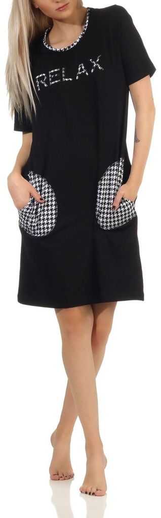 Elegantes Damen kurzarm Nachthemd mit aufgesetzten Taschen – auch in Übergrössen ; schwarz , 36