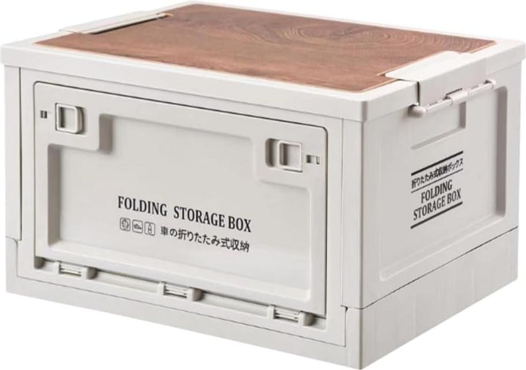 Faltbare Campingbox mit Deckel für Auto Camping Outdoor - Faltbox mit Holzdeckel - Kofferraumorganizer mit Seitentür - Kunststoffbox mit Stauraum