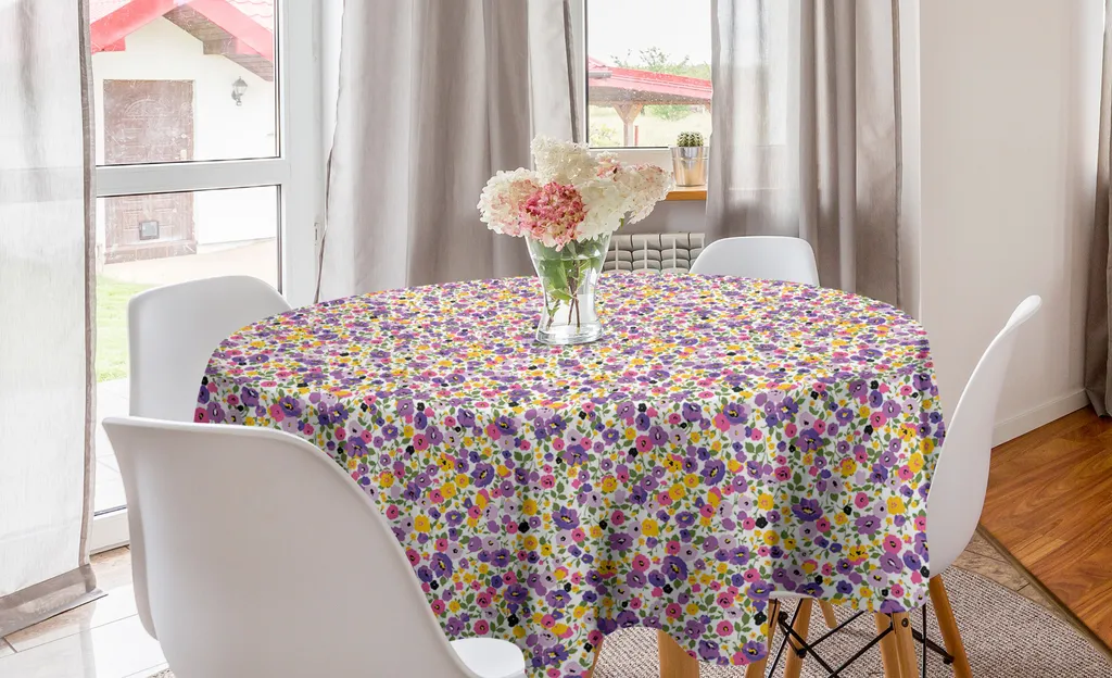 ABAKUHAUS Tovaglia rotonda con motivi floreali, fiori primaverili, tovaglia circolare per sala da pranzo e cucina, 150 cm, viola terra giallo