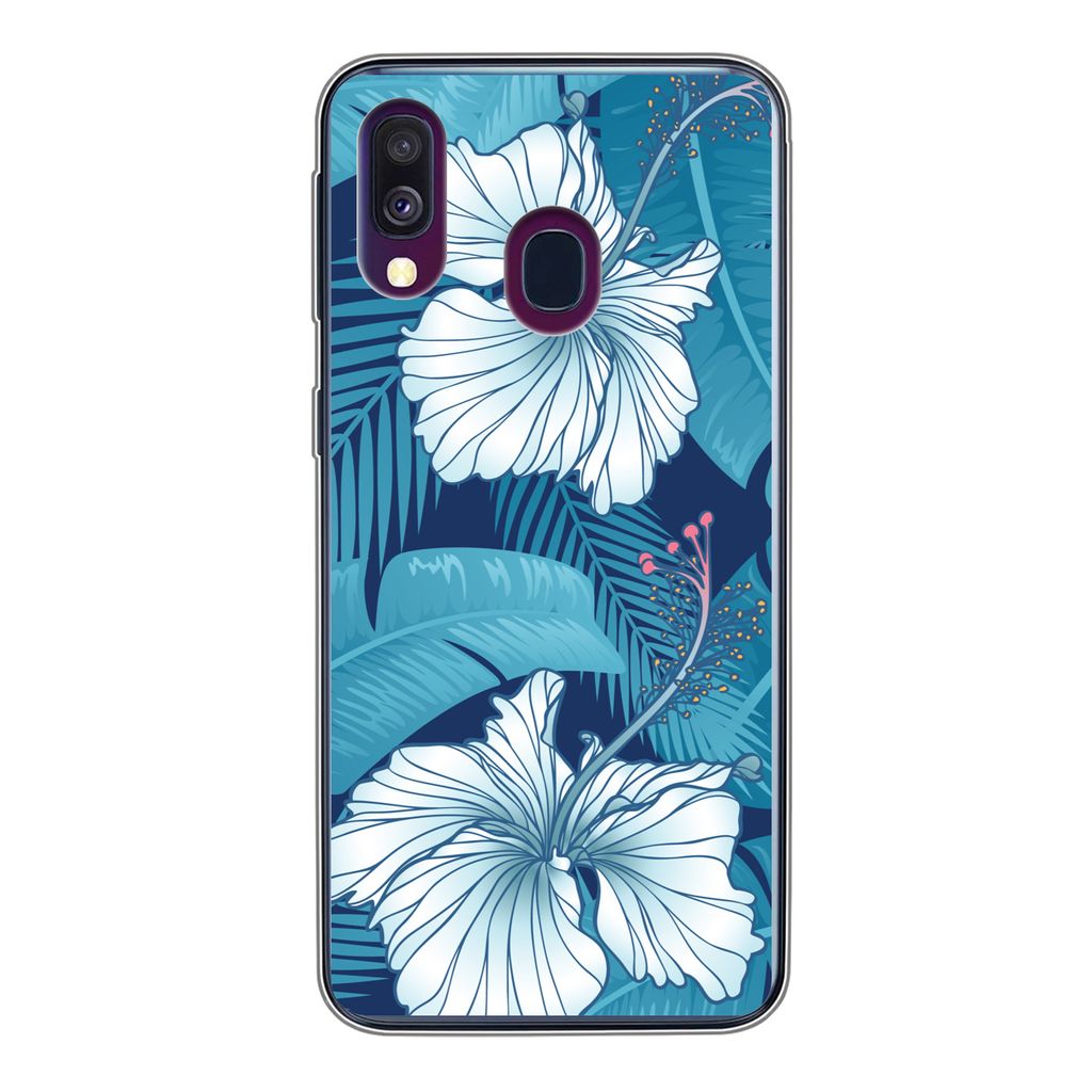 MuchoWow Handyhülle Schutzhülle Hülle für Samsung Galaxy A40 Tropisch - Blumen - Blau Silikon Softcase Handy Hülle - Handy-Tasche