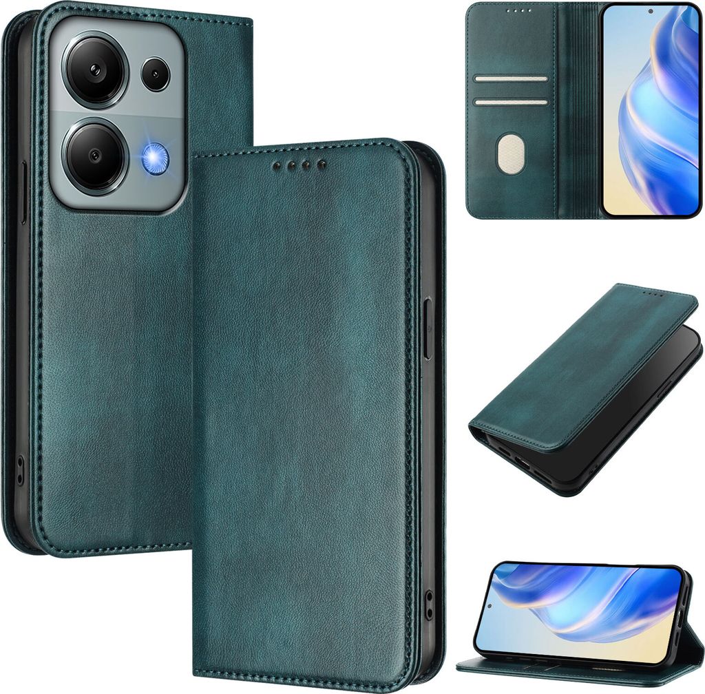 Handyhülle für Xiaomi Poco M6 Pro 4G/Redmi Note 13 Pro 4G, Vintage Leder RFID Schutz Kartenfach Standfunktion Magnetische Klapphülle Grün