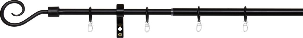 A black adjustable curtain rod with decorative scroll finials and rings.