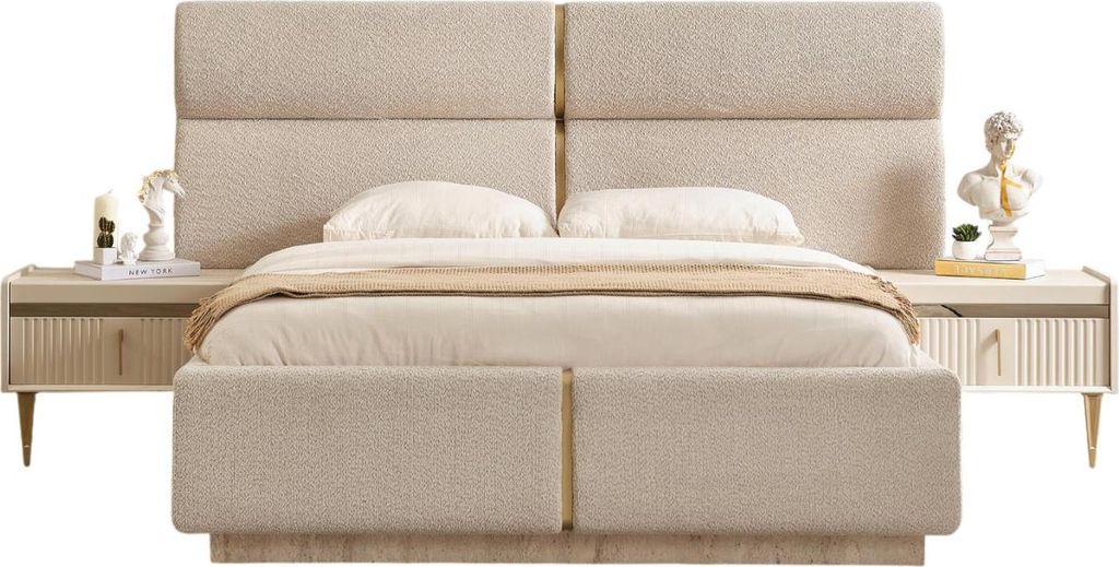 Polsterbett Tesla Holzwerkstoff Stoffbezug Beige Taupe, Liegefläche:180x200 + 2 Nachttische