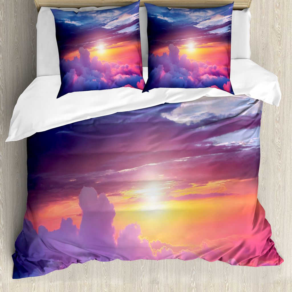 ABAKUHAUS Landschaft Bettbezug, Sunset Himmel und Wolken, Milbensicher Allergiker geeignet mit Kissenbezügen, 200 cm x 200 cm - 80 x 80 cm, Blau, ...