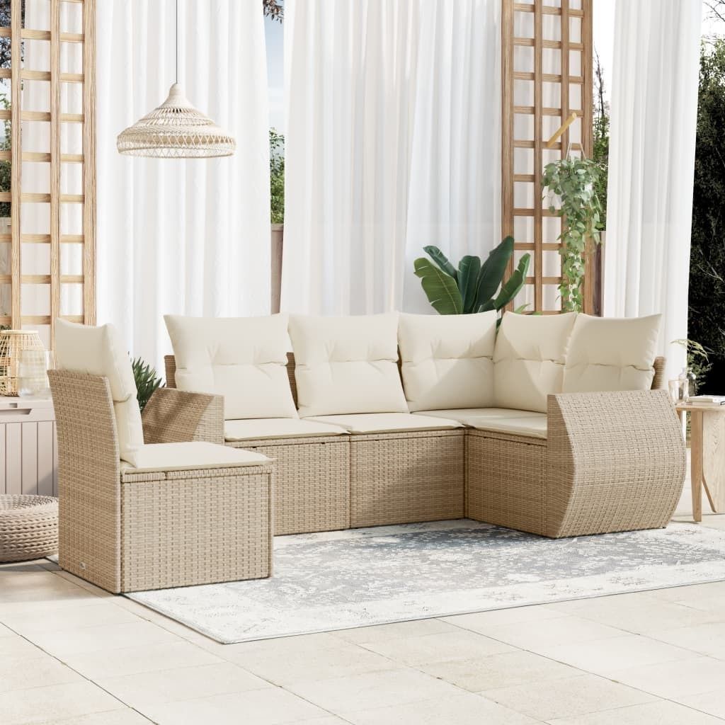 Design 5-tlg. Garten-Sofagarnitur mit Kissen Beige Poly Rattan, Gartenmöbel-Sets 2024 Neu