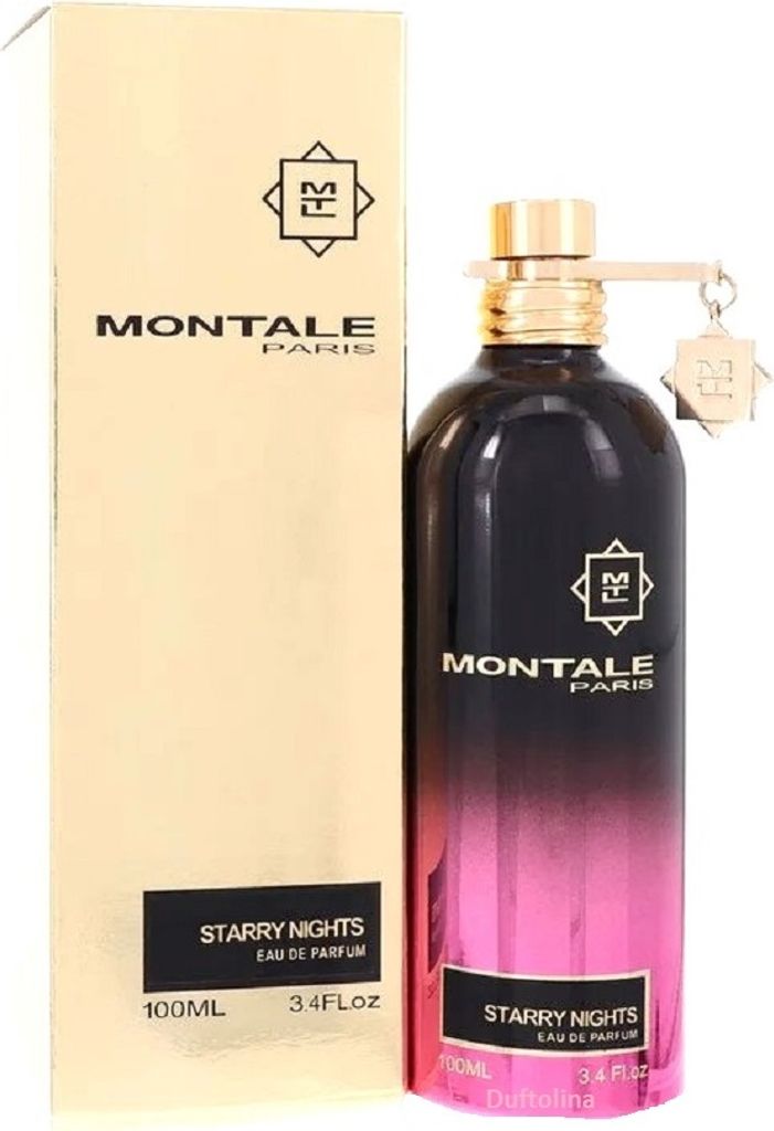 A product shot of a Montale Starry Nights Eau de Parfum bottle and its packaging.
