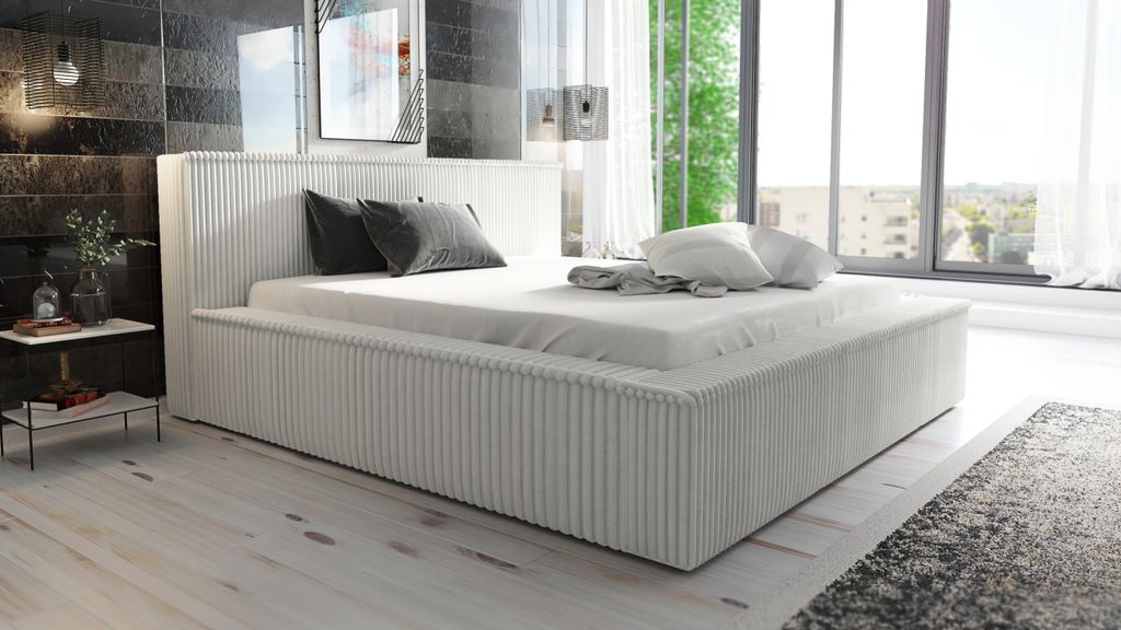 Polsterbett RIO-OM 90x200 mit Bettkasten und Lattenrost. Farbe: Beige.