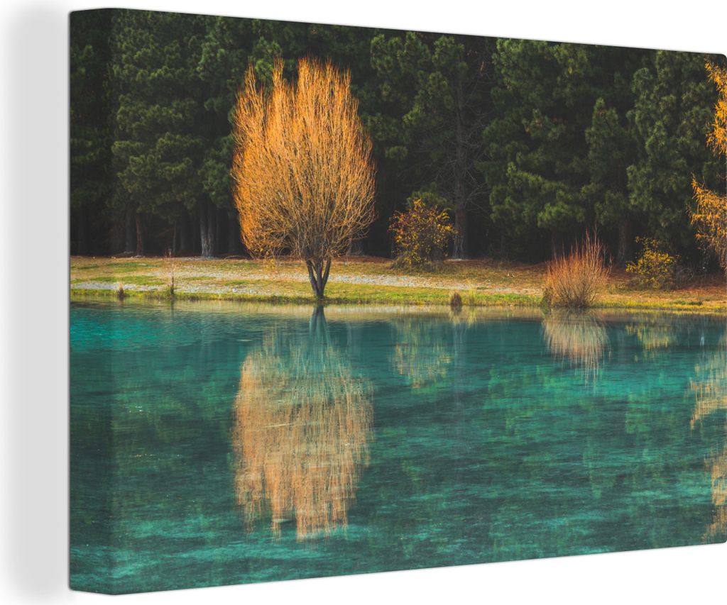 OneMillionCanvasses - Leinwandbilder - 140x90 cm, Smaragdgrüner See spiegelt Bäume, Wandbilder Kunstdruck Wanddekoration