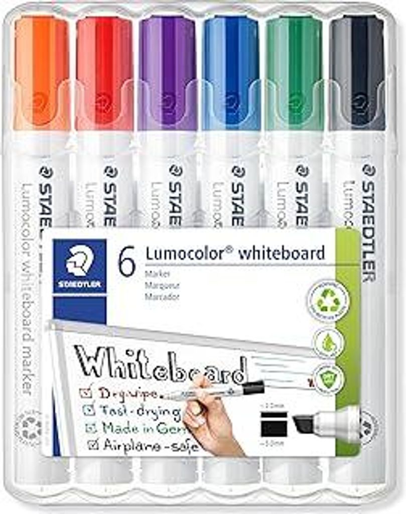 STAEDTLER Whiteboard Marker Lumocolor, trocken und rückstandsfrei abwischbar, Keilspitze ca. 2 oder 5 mm, hohe Qualität Germany, Set mit 6 Farbe...