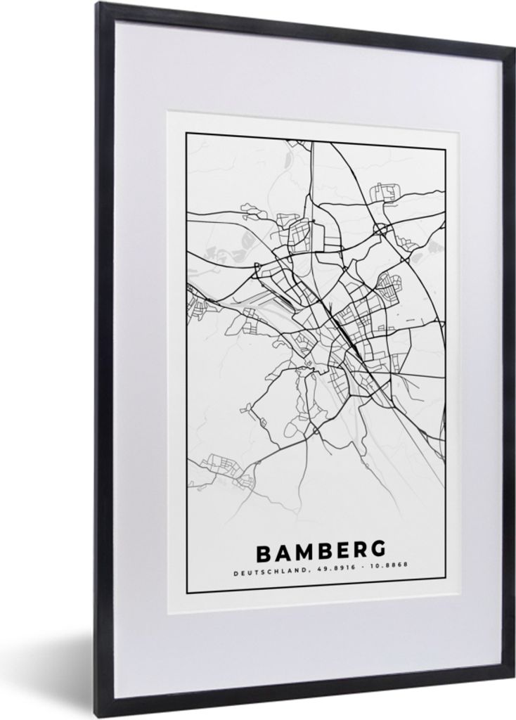 MuchoWow Gerahmtes Poster Karte - Bamberg - Stadtplan 40x60 cm - Poster mit Schwarzem Bilderrahmen Wandposter Rahmen Foto Bilder - Poster in Rahmen