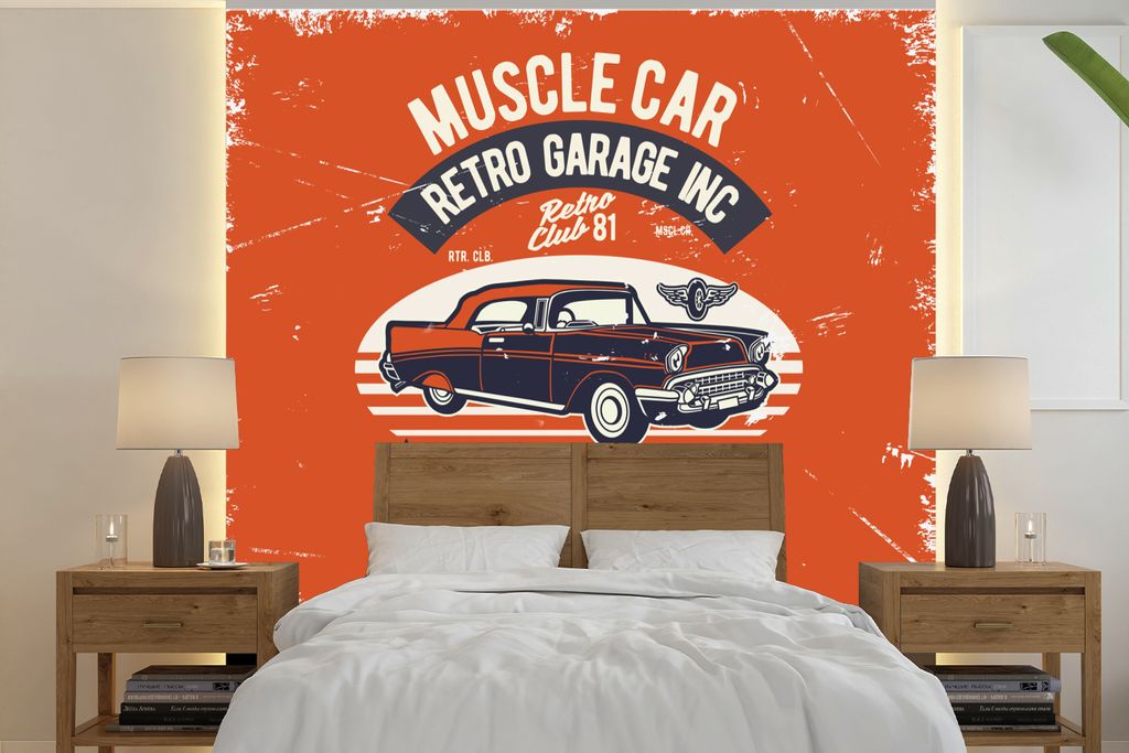 MuchoWow Fototapete für Wohnzimmer oder Schlafzimmer Wandtapete Vinyl Motivtapete Autos - Oldtimer - Zeichnung - 350x350 cm - Schlafzimmertapete