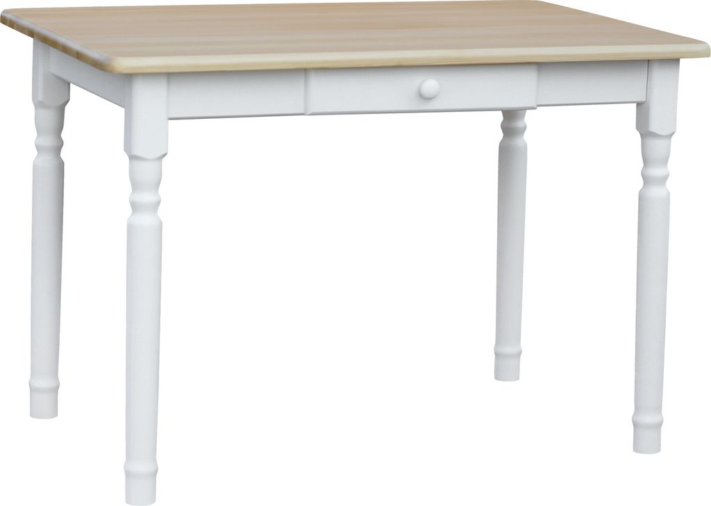 A white dining table with a wooden top and a single drawer, shown from a slightly angled front view against a white background.