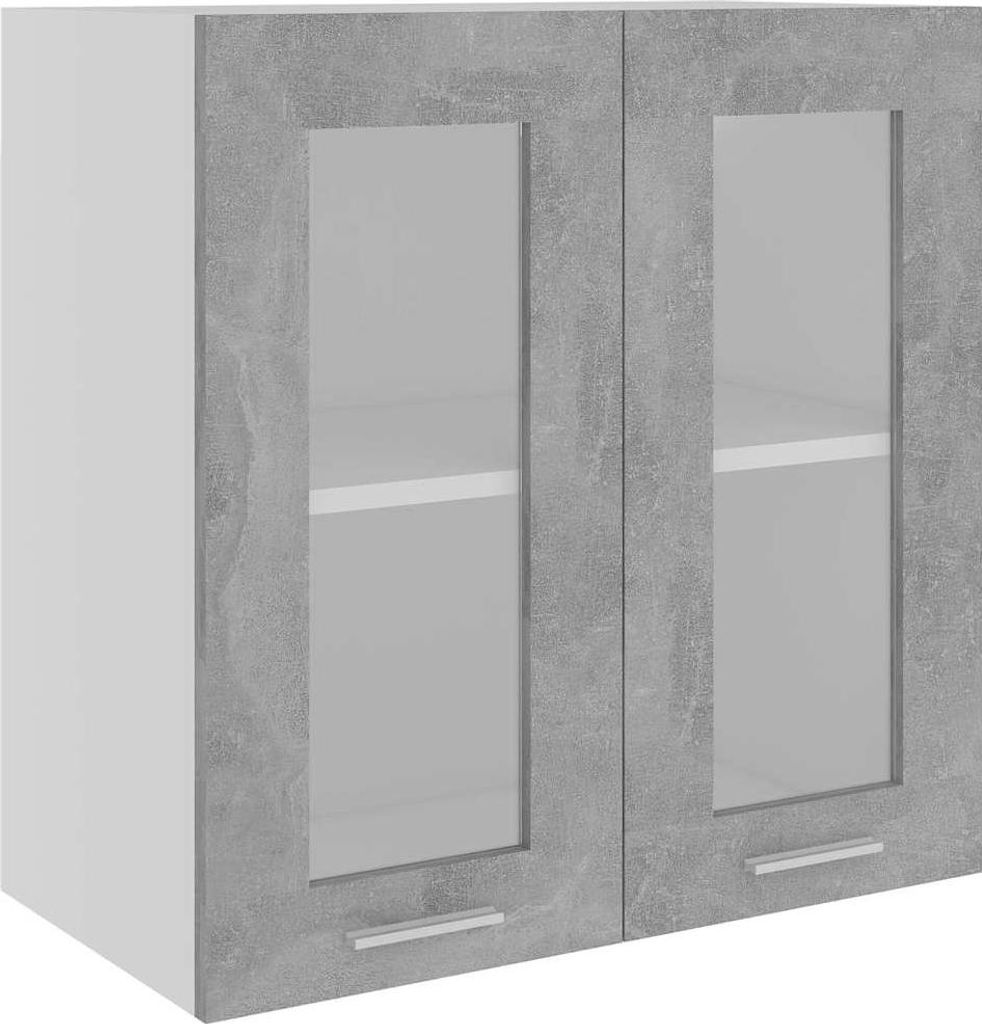 A wall-mounted cabinet with two glass doors and a concrete gray finish.