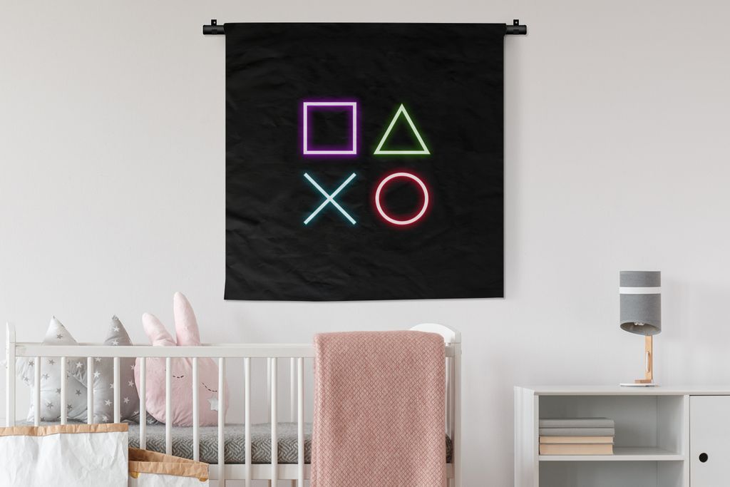 MuchoWow Wandteppich Wandbehang Gaming - Neon - Konsole - Schwarz - Controller - Gaming 90x90 cm Tapisserie Dekoration Wandtuch - Wandaufhänger