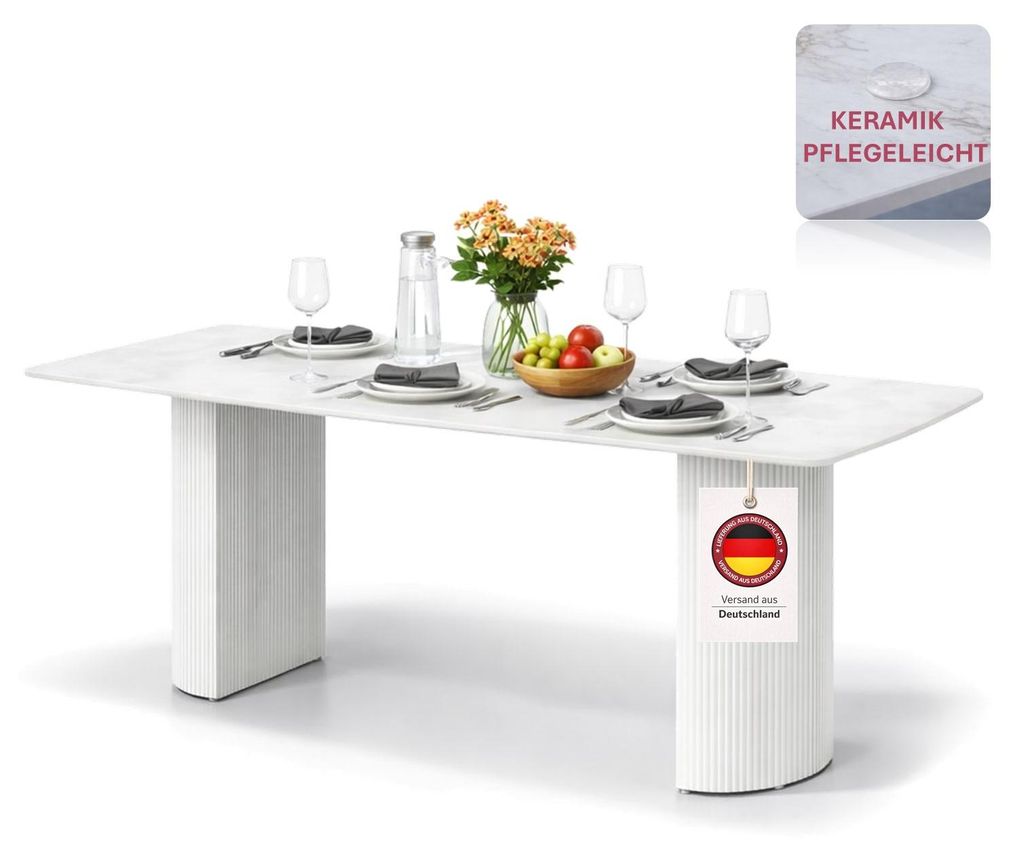 HOOZ Esstisch Set Keramik Marmoroptik – kratzfest & hitzebeständig – Wohnzimmertisch 180×90cm – modernes Säulengestell in Metall– Weiß