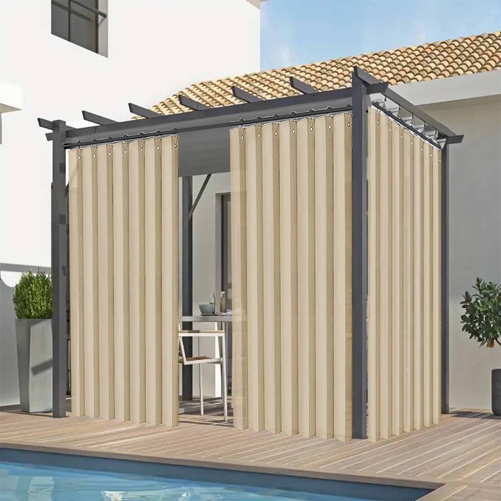 2er Set Outdoor Vorhang Wasserdicht mit Ösen Haken, Außen vorhang Terrasse vorhang Sonnenschutz Sichtschutz Garten, 140x200cmBeige