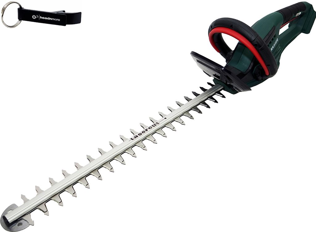 A cordless hedge trimmer and a keychain are shown against a white background.