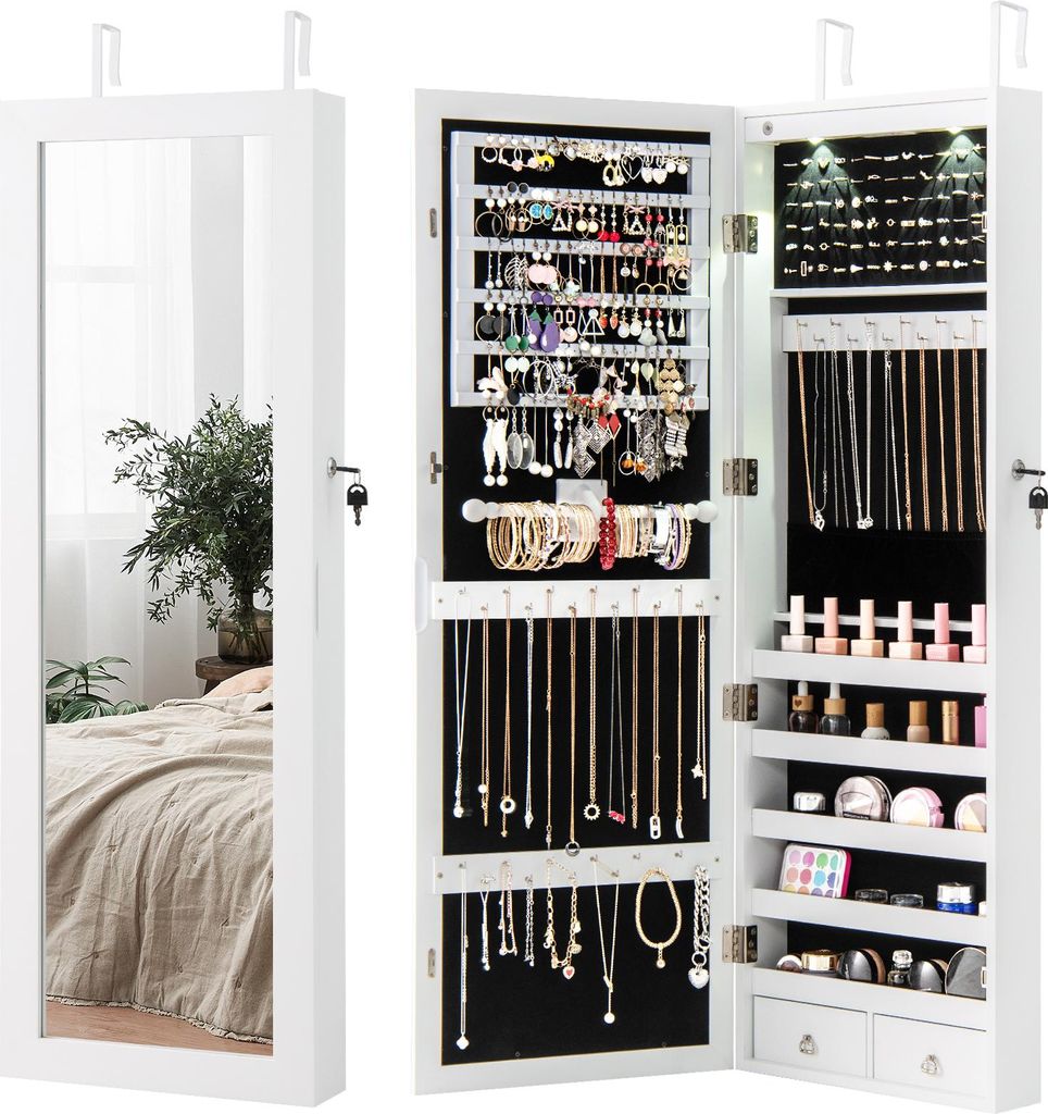 Schmuckschrank mit Spiegel, an der Wand oder Tür montierter Schmuck-Organizer mit Ganzkörperspiegel, interner LED-Beleuchtung, Weiß