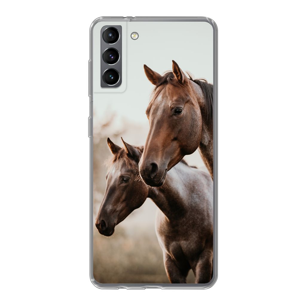 MuchoWow Handyhülle Schutzhülle Hülle für Samsung Galaxy S21 Plus Pferde - Natur - Braun Silikon Softcase Handy Hülle - Handy-Tasche