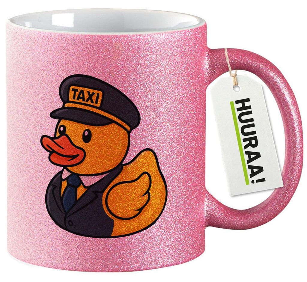 Huuraa Glitzertasse Quietscheente Taxi-Fahrer Gummiente Chauffeur 330ml Pink Keramik Kaffeebecher Geschenkidee