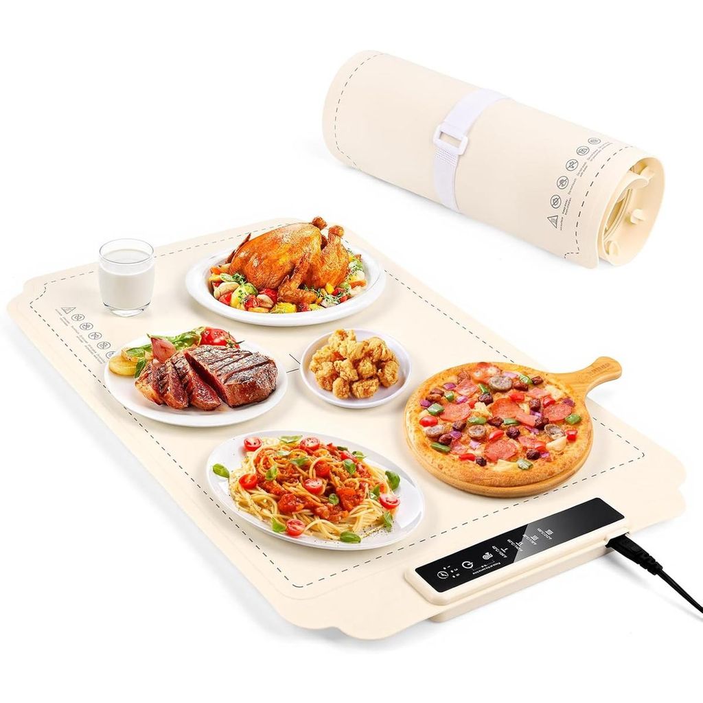 Warmhalteplatte 250 W, Wärmeplatte Elektrisch 60×40 cm,Touch Tasten, 7 stufige Temperatur 40-100°C, Timer, Essen warmhalten,Beige