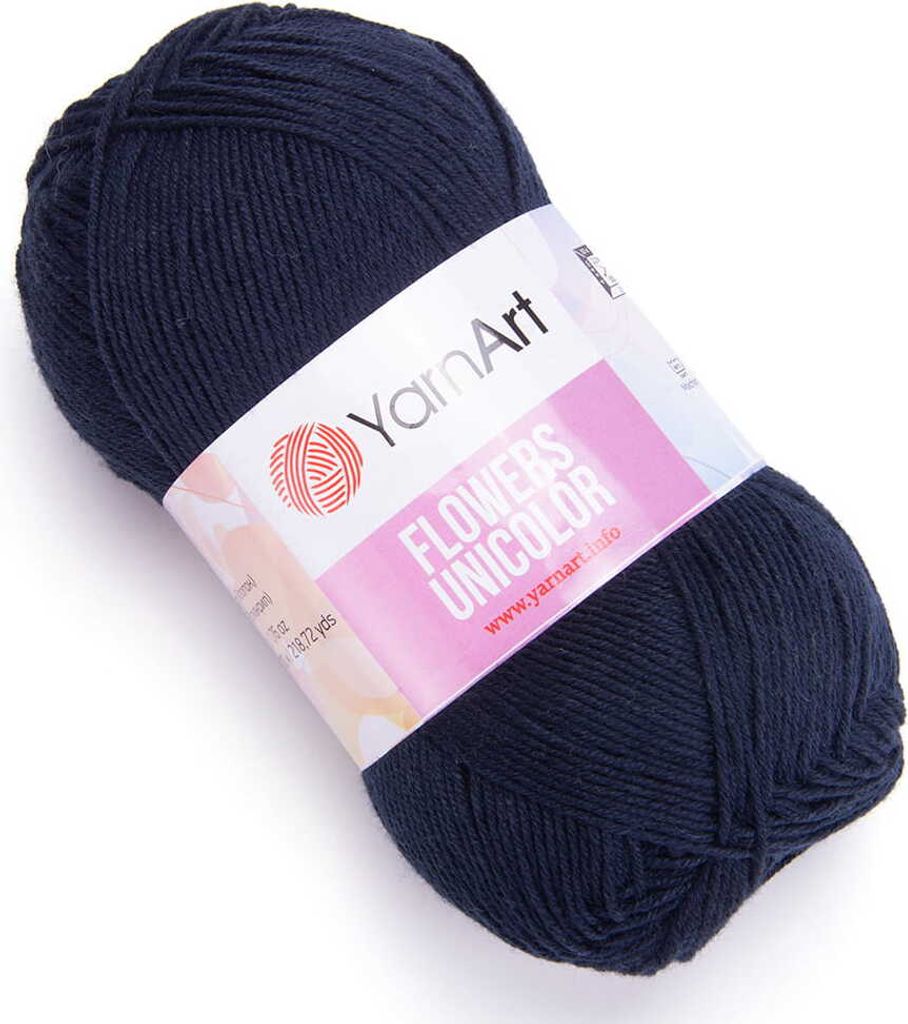 A ball of dark blue yarn with a label.