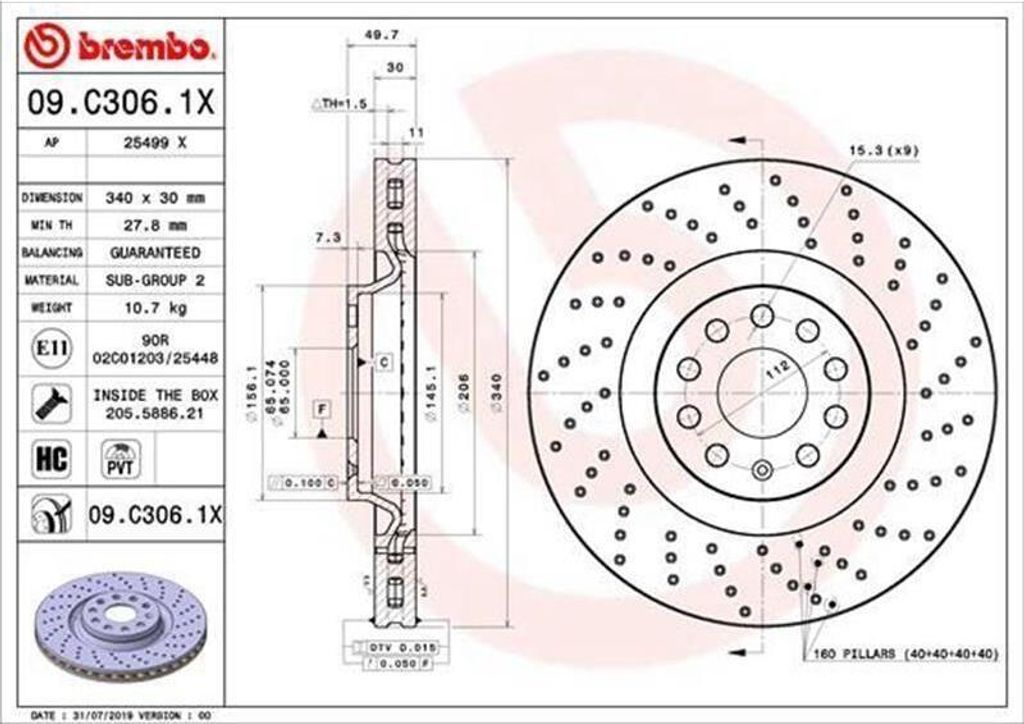 2x Disco freno BREMBO 09.C306.1X per VW Passat Variant Immagine del prodotto 