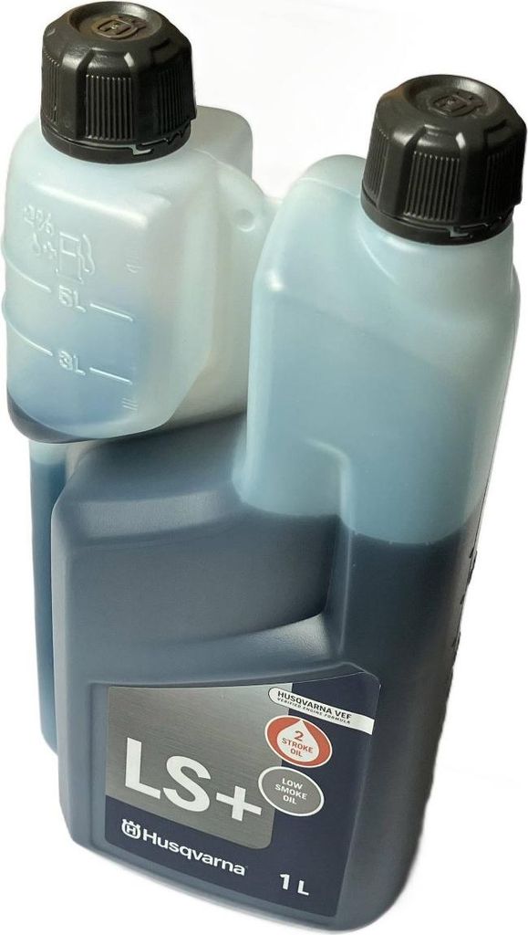 A product shot of a two-compartment bottle of two-stroke oil.