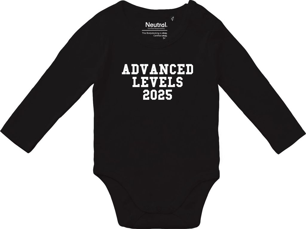 Huuraa Baby Body Advanced Levels 2025 Abschluss Großbritannien 74 Black Baumwolle Fairtrade Langarmbody Geschenkidee